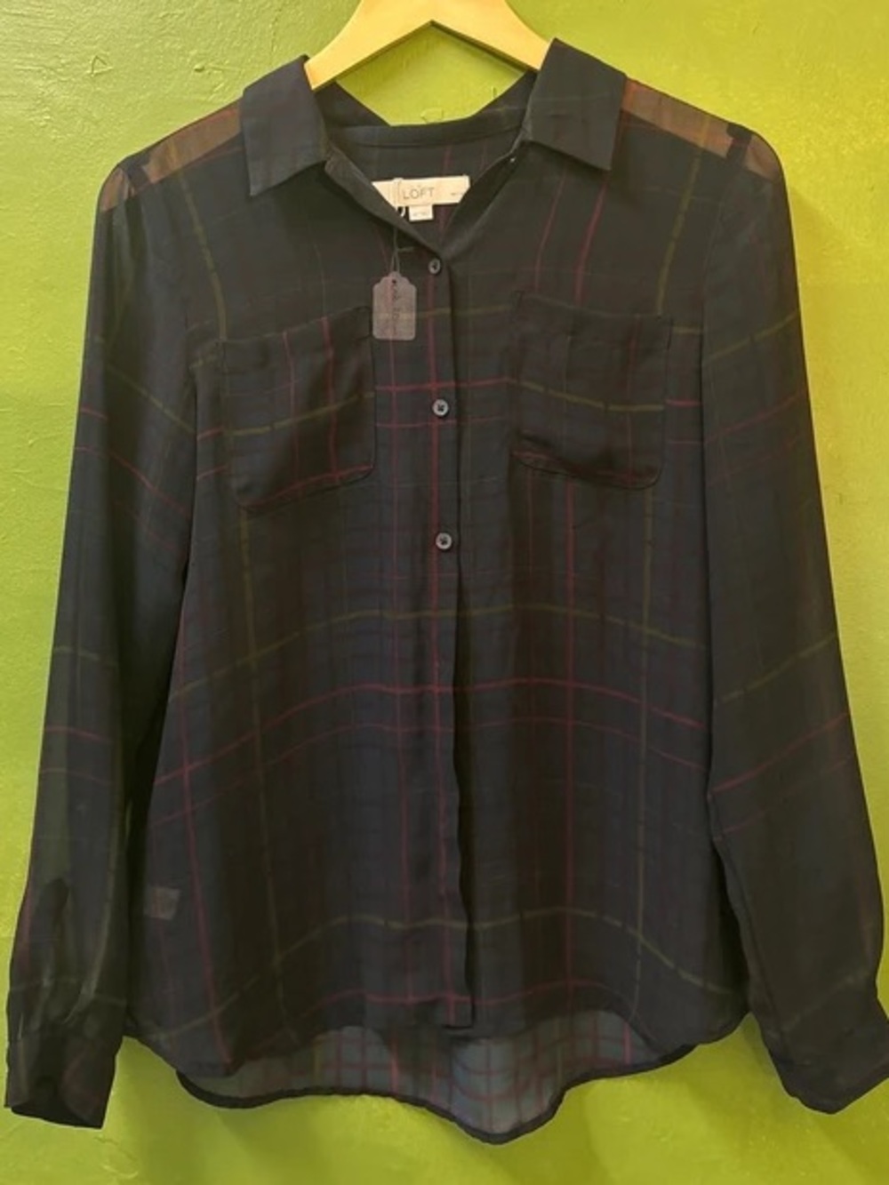 LOFT Navy Plaid Button-Up Blouse with Burgundy Trim
